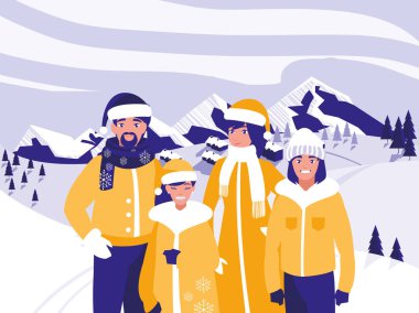Grup aile ile Noel kış manzara modunda giysiler.
