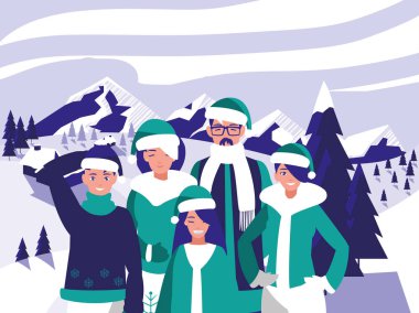 Grup aile ile Noel kış manzara modunda giysiler.