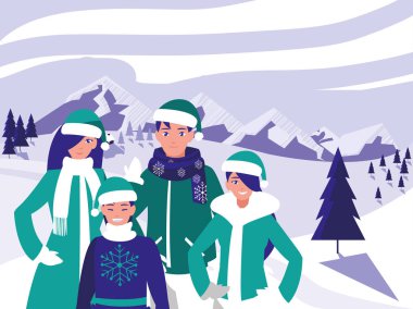 Grup aile ile Noel kış manzara modunda giysiler.
