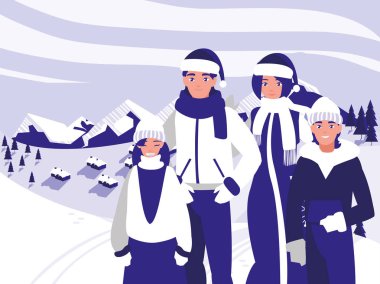 Grup aile ile Noel kış manzara modunda giysiler.