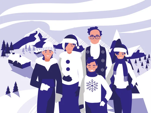Grup aile ile Noel kış manzara modunda giysiler.