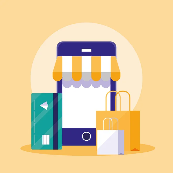 Compras on-line com smartphone e definir ícones — Vetor de Stock
