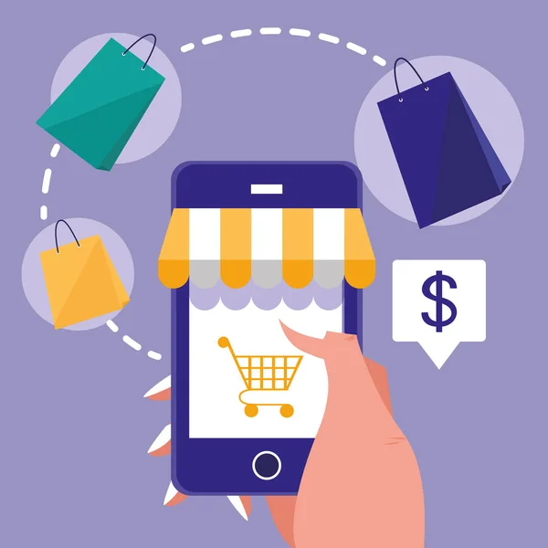 Mão e smartphone com compras on-line — Vetor de Stock