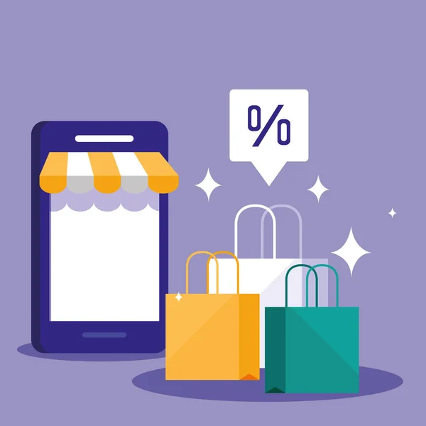 Compras on-line com smartphone e sacos — Vetor de Stock