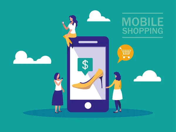 Belanja online dengan smartphone dan orang-orang mini - Stok Vektor