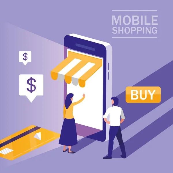 Mini people with smartphone and shopping online - Stok Vektor