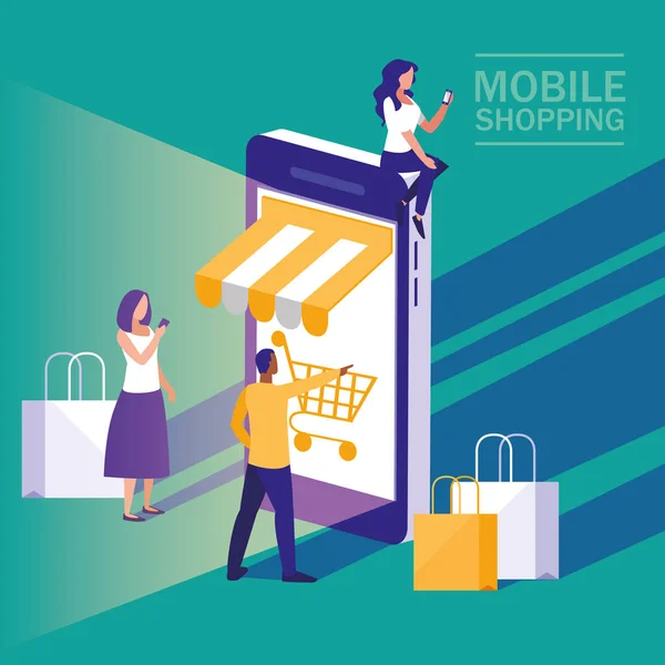 Mini pessoas com smartphone e compras on-line —  Vetores de Stock