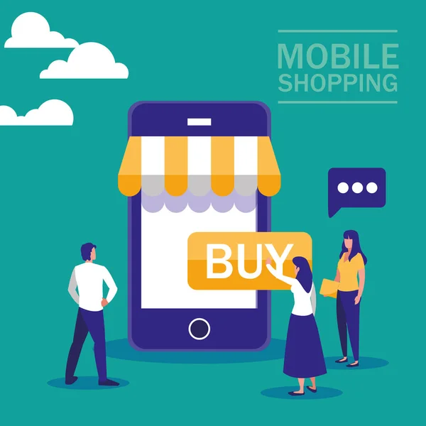 Mini people with smartphone and shopping online - Stok Vektor