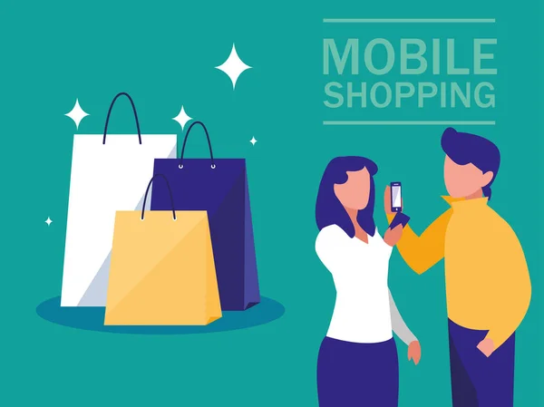 Mini pessoas com smartphone e compras on-line — Vetor de Stock