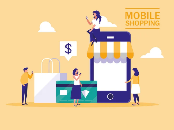 Mini pessoas com smartphone e compras on-line — Vetor de Stock