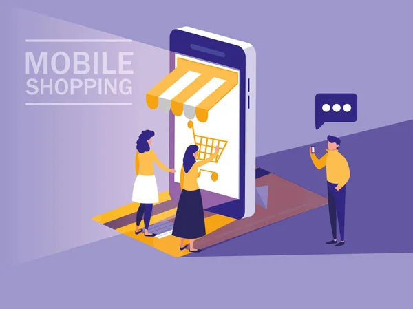 Mini pessoas com smartphone e compras on-line — Vetor de Stock
