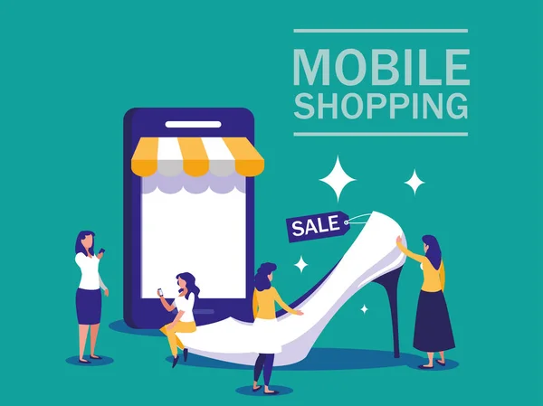 Mini people with smartphone and shopping online - Stok Vektor