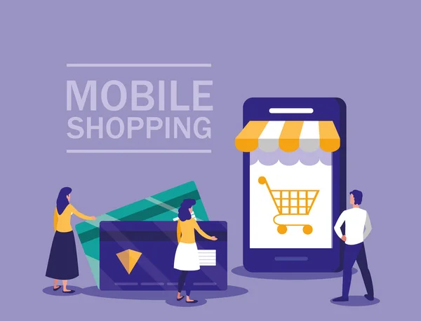 Mini persone con smartphone e shopping online — Vettoriale Stock