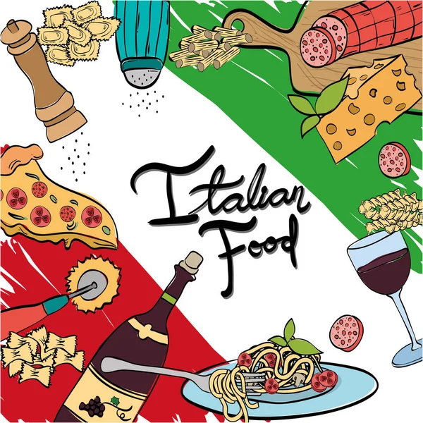 Ιταλική σημαία με νόστιμα φαγητά — Διανυσματικό Αρχείο