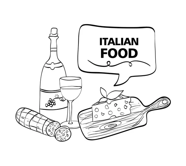 Vino con menú de comida italiana — Vector de stock