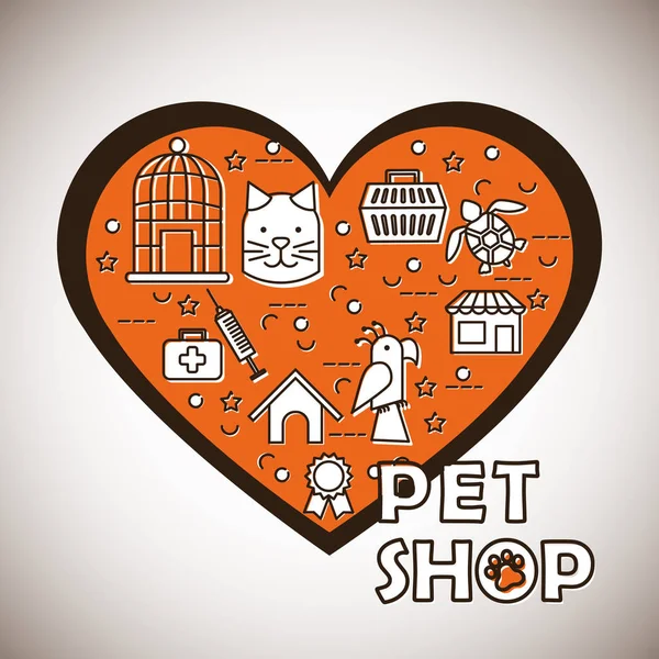 Coração com ícones set loja de animais de estimação — Vetor de Stock