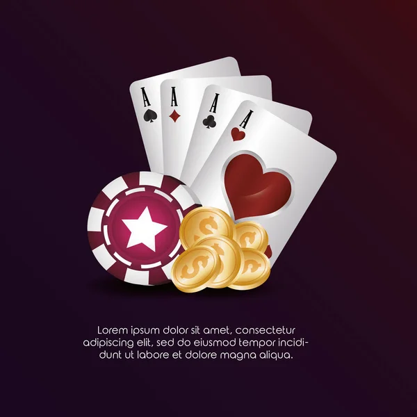 Kaszinó póker ász kártyák chip és érmék pénz — Stock Vector