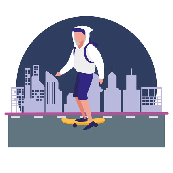 Uomo con skateboard in città — Vettoriale Stock