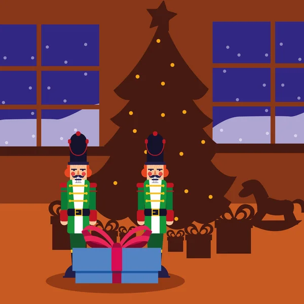 Рождественские ореховые крекеры и елки подарки в доме — стоковый вектор