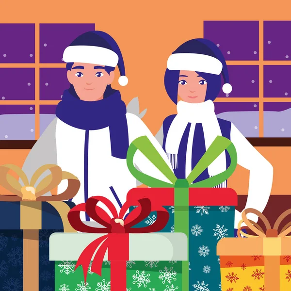 Couple avec Noël célébration cadeau — Image vectorielle