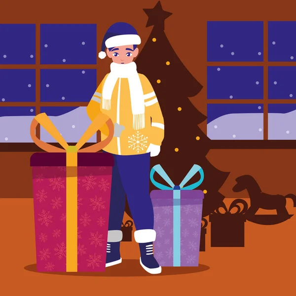 男孩与礼物和树圣诞节 — 图库矢量图片