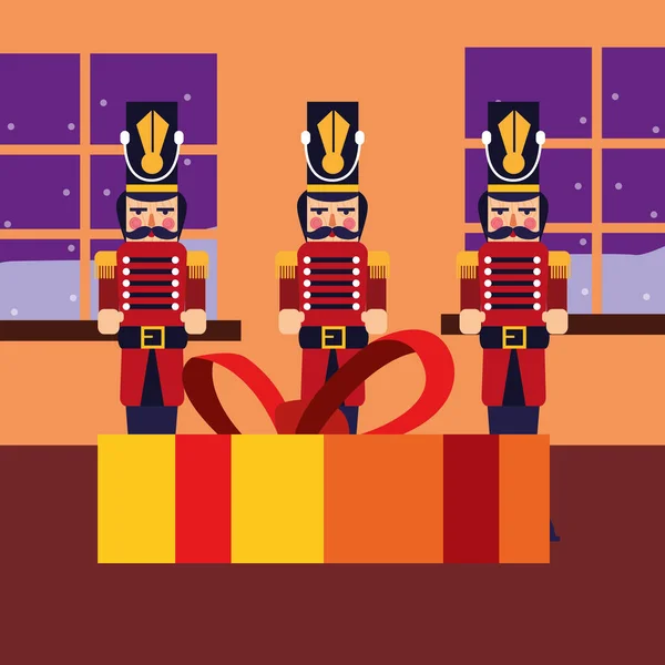 Navidad nutcrackers juguete celebración caja de regalo — Archivo Imágenes Vectoriales