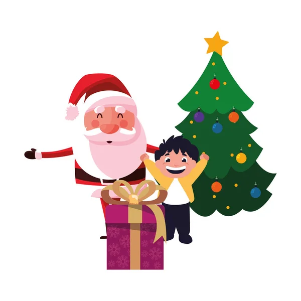 Рождественский Санта с мальчиком и подарочной елкой — стоковый вектор