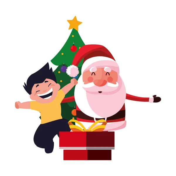 크리스마스 산타 소년과 선물 나무 — 스톡 벡터