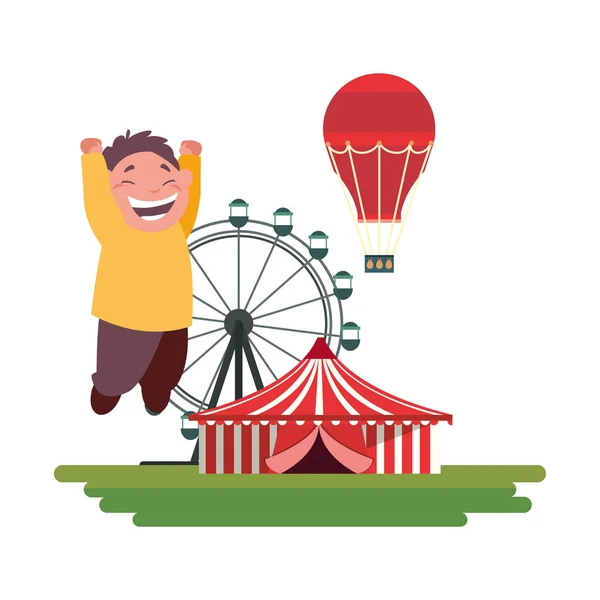 Menino feliz carnaval ferris roda balão de ar quente —  Vetores de Stock