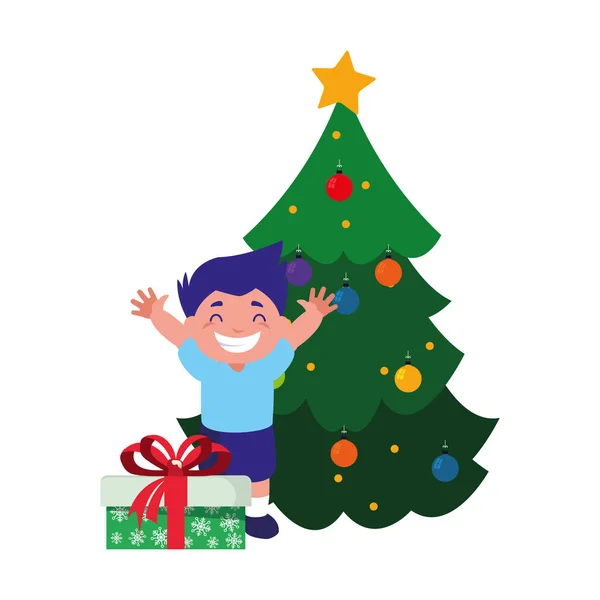 Slaví chlapce s vánoční stromek a dárky — Stockový vektor