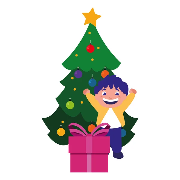 Celebrando menino com árvore de natal e presente — Vetor de Stock