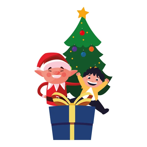 Elfo de Navidad con niño y regalo — Archivo Imágenes Vectoriales