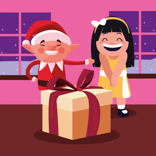 Elfo de Navidad con chica y regalo — Archivo Imágenes Vectoriales