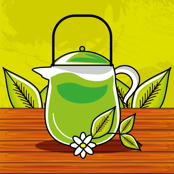 Teapot with tea herbs in wooden table — Stock Vector