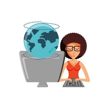 Masaüstü bilgisayar ve planet earth ile kadın