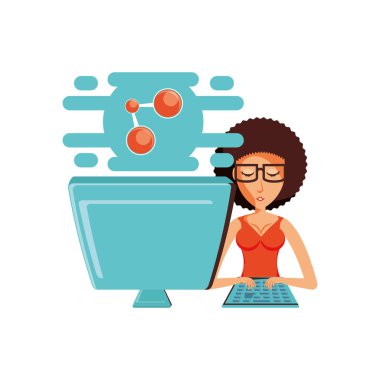 Masaüstü bilgisayar ve paylaşım sembolü olan kadın