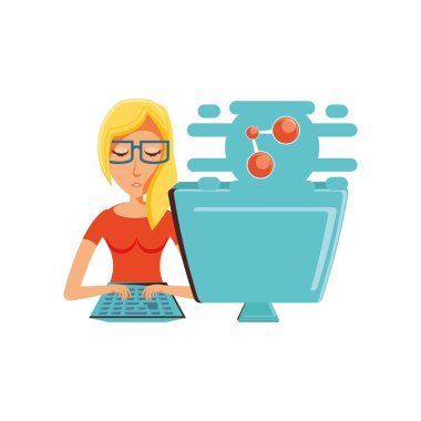 Masaüstü bilgisayar ve paylaşım sembolü olan kadın