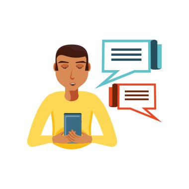 adam akıllı telefon ve konuşma kabarcıklar ile siyah