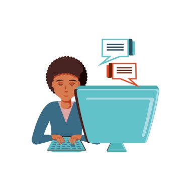 Masaüstü bilgisayar ve konuşma kabarcıklar ile siyah adam