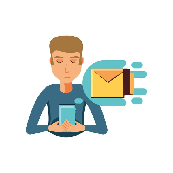 Homme avec smartphone et enveloppe mail — Image vectorielle