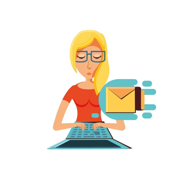 Laptop ve zarf posta kadınla — Stok Vektör