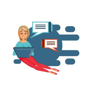 Laptop ve konuşma kabarcıklar ile oturan kadın