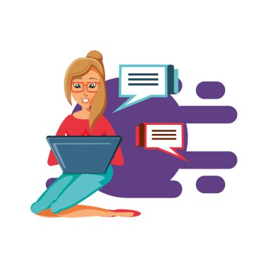 Laptop ve konuşma kabarcıklar ile oturan kadın