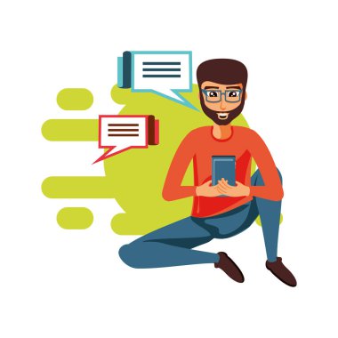 Smartphone ve konuşma kabarcıklar ile oturan adam