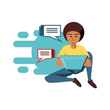 Laptop ve konuşma kabarcıklar ile oturan adam siyah