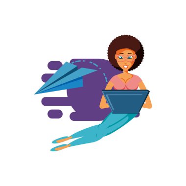 dizüstü bilgisayar ve uçak kağıt ile oturan kadın siyah