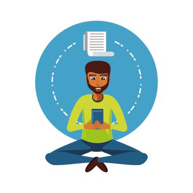 Smartphone ve kağıt alış irsaliyesiyle oturan adam siyah