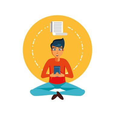 Smartphone ve kağıt alış irsaliyesiyle oturan adam