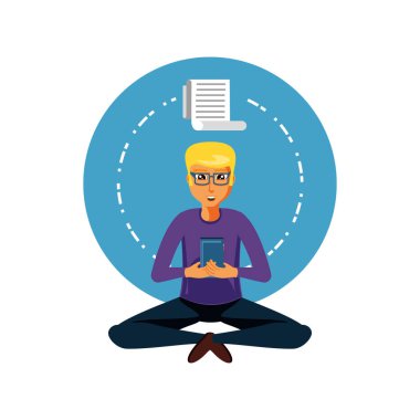 Smartphone ve kağıt alış irsaliyesiyle oturan adam