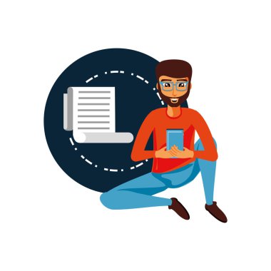 Smartphone ve kağıt alış irsaliyesiyle oturan adam